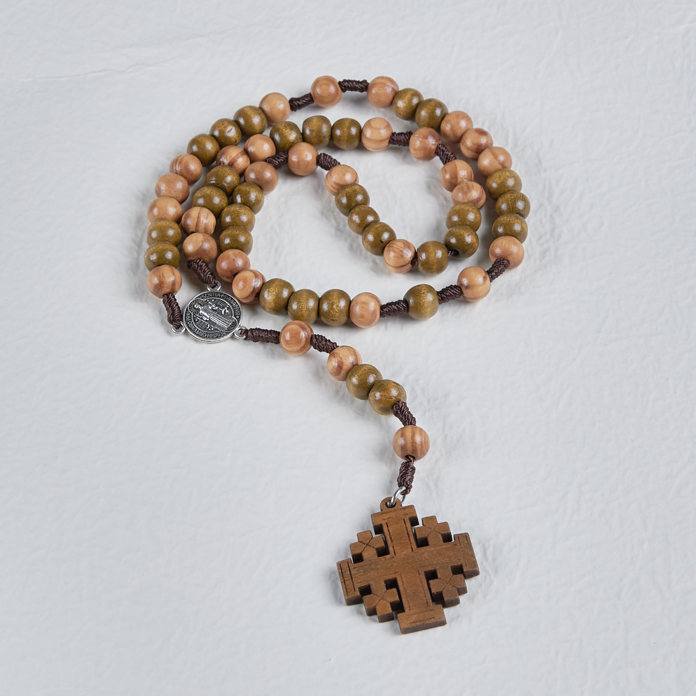 Christiandiscipleshop St. Benedict Medal & Jerusalem of 10 mm Round Brown Wood Nylon Cord Rosary