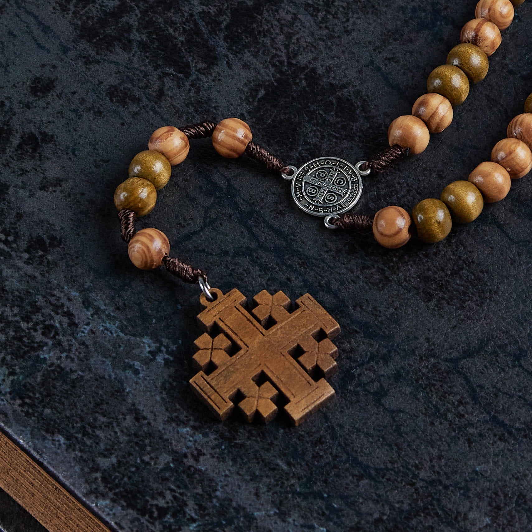 Christiandiscipleshop St. Benedict Medal & Jerusalem of 10 mm Round Brown Wood Nylon Cord Rosary