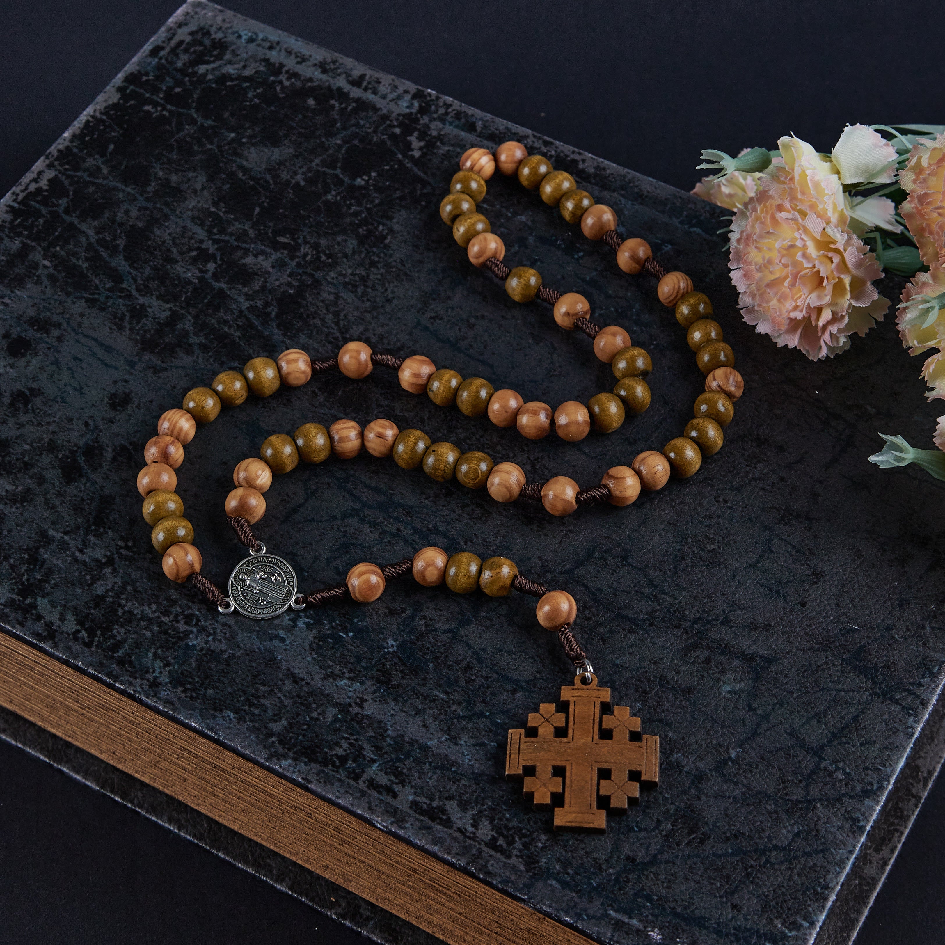 Christiandiscipleshop St. Benedict Medal & Jerusalem of 10 mm Round Brown Wood Nylon Cord Rosary