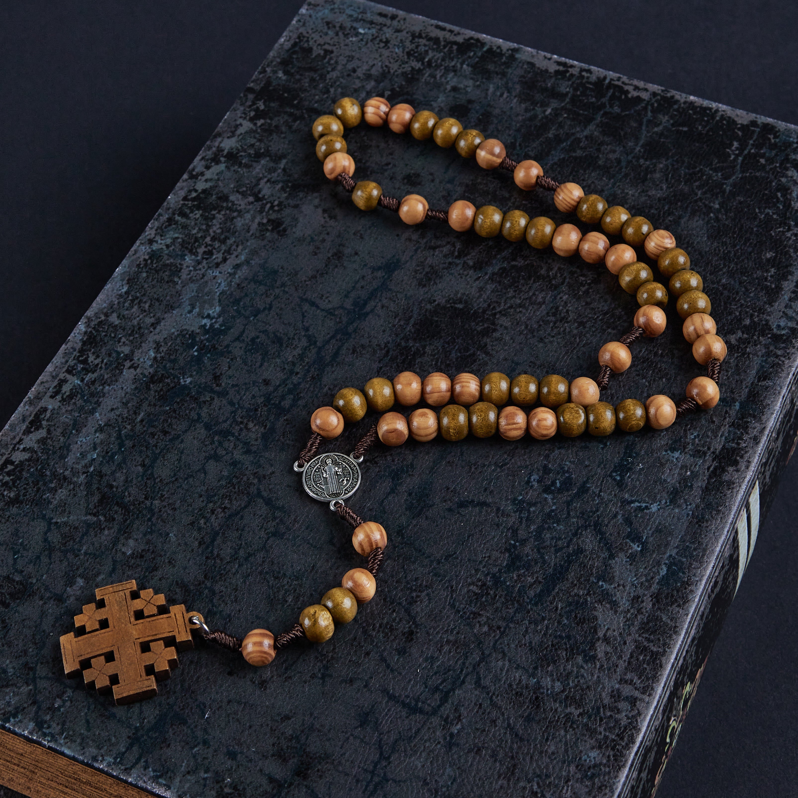 Christiandiscipleshop St. Benedict Medal & Jerusalem of 10 mm Round Brown Wood Nylon Cord Rosary