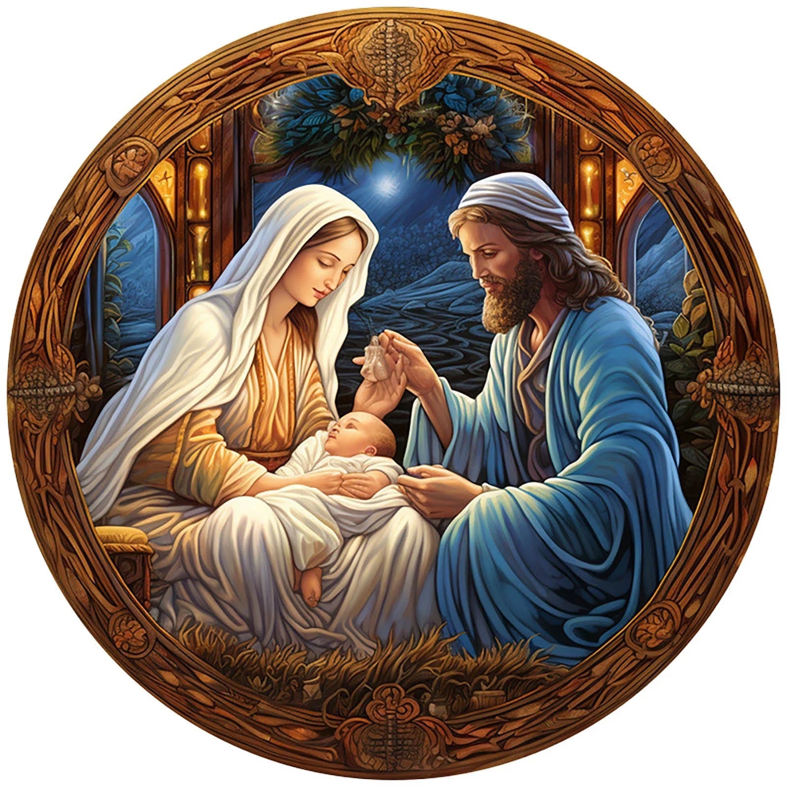 Christianartworkshop Klassische farbige Weihnachtskrippe im Stil der Heiligen Nacht, Weihnachtskrippe, hängende Ornamente