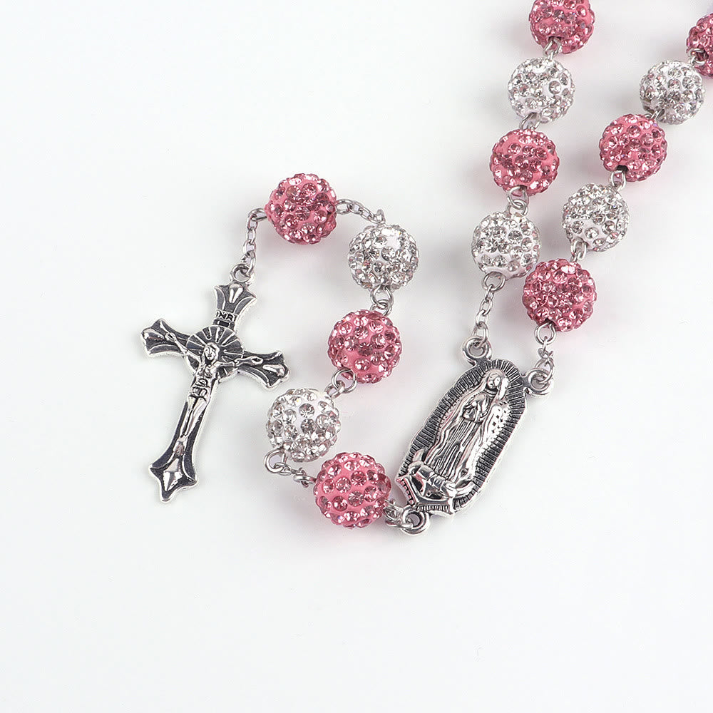 Christiandiscipleshop Our Lady of Guadalupe & Crucifix of 10 mm Round Pink White Polymer Clay Alloy Chain Rosary
