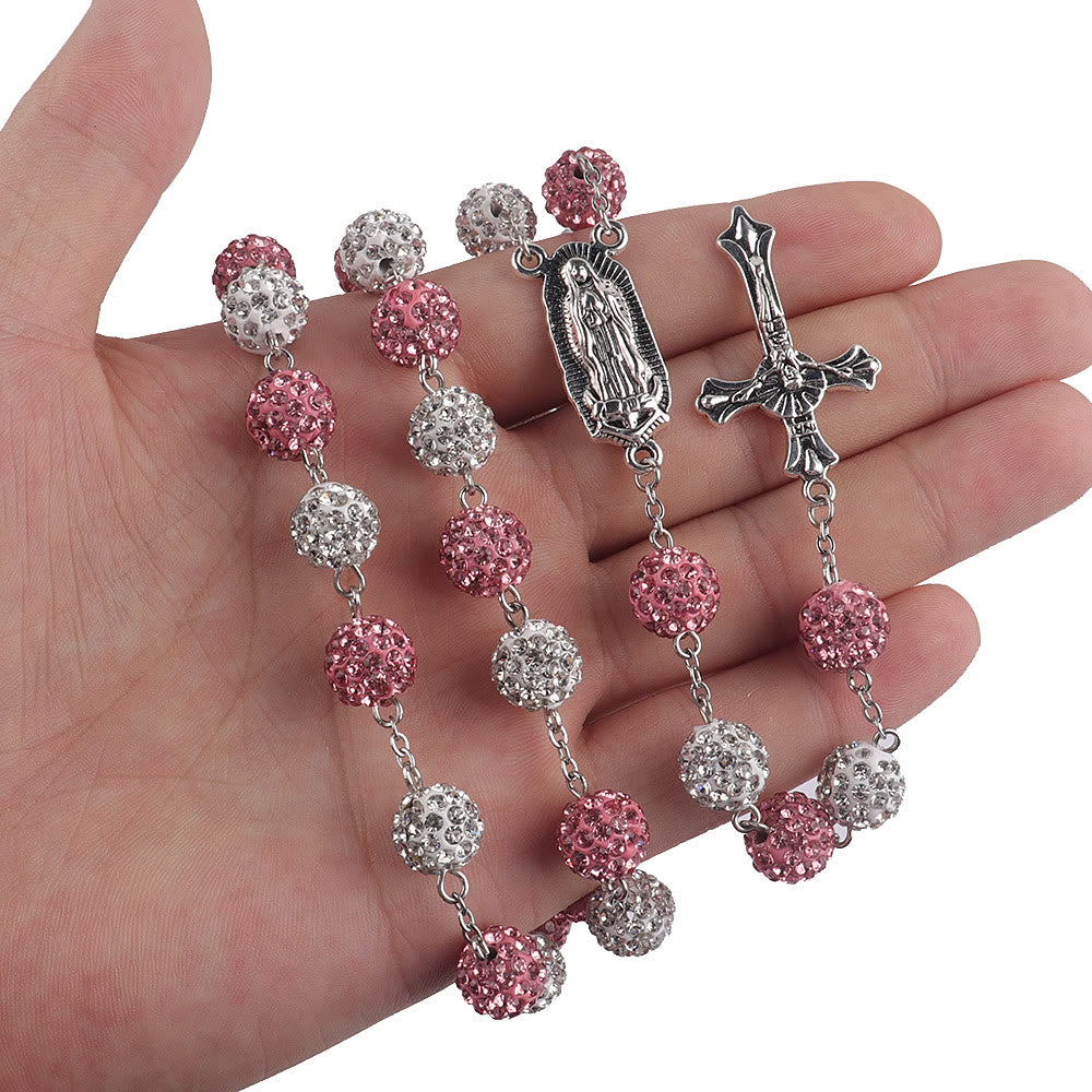 Christiandiscipleshop Our Lady of Guadalupe & Crucifix of 10 mm Round Pink White Polymer Clay Alloy Chain Rosary