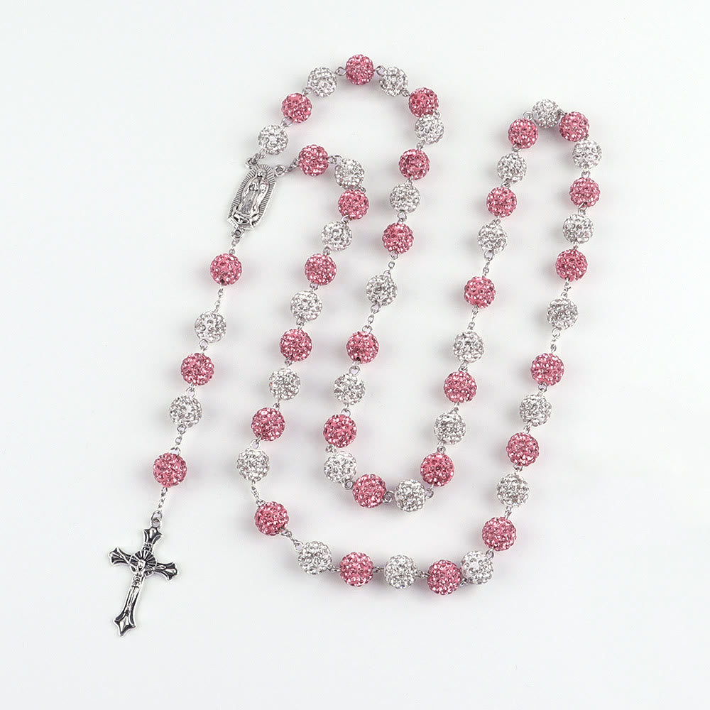 Christiandiscipleshop Our Lady of Guadalupe & Crucifix of 10 mm Round Pink White Polymer Clay Alloy Chain Rosary