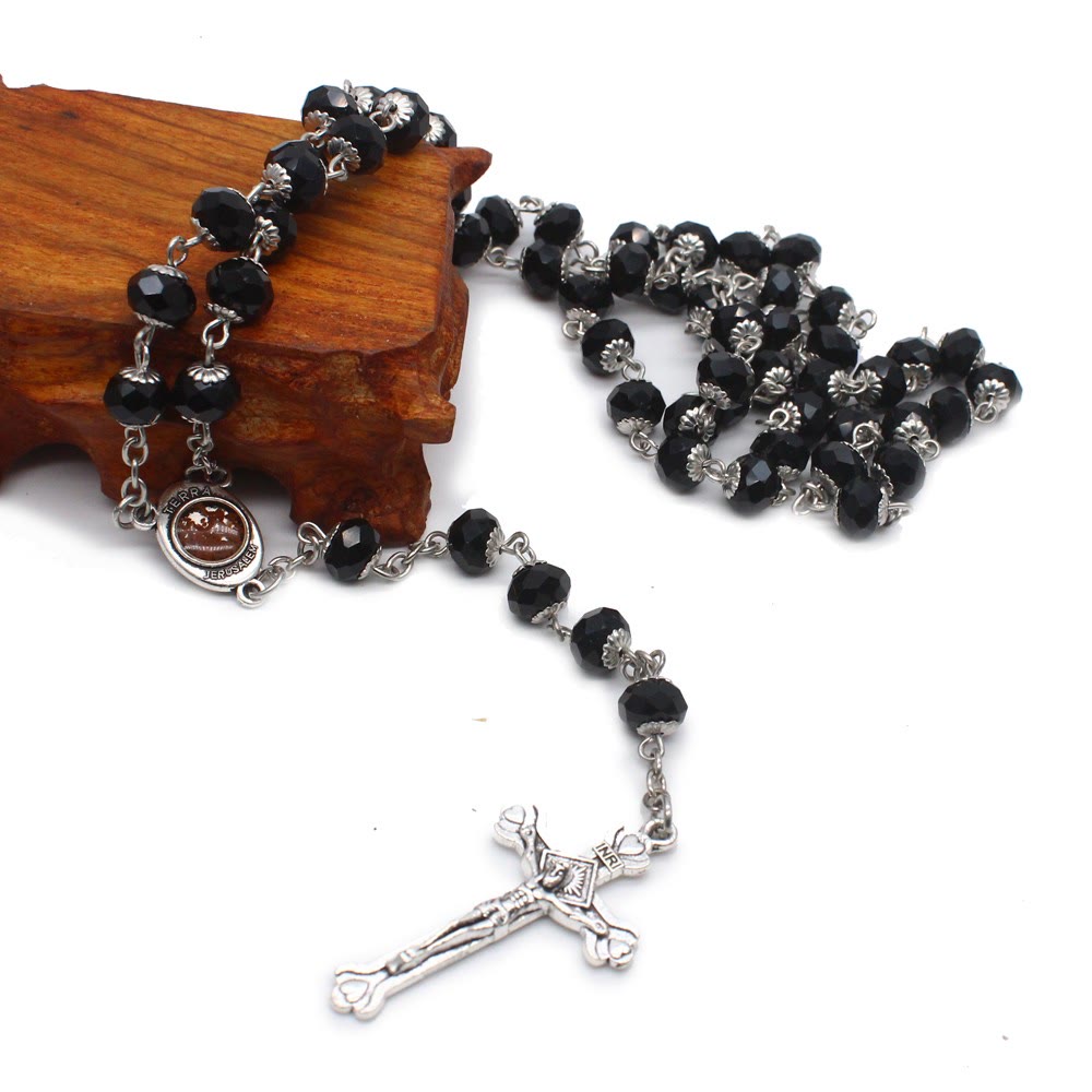 christiandiscipleshop Madonna and Child & Crucifix of 6*8 mm Polyhedron Multicolor Glass Alloy Chain Rosary