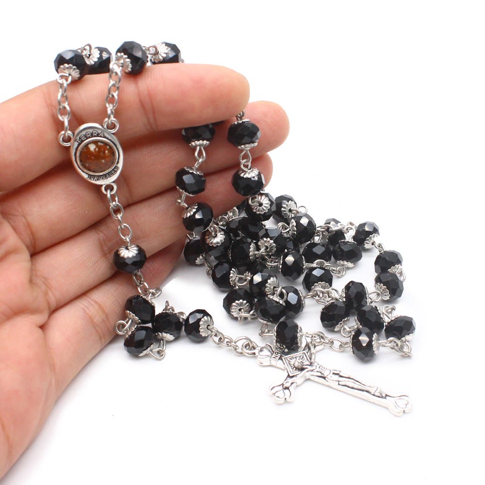 christiandiscipleshop Madonna and Child & Crucifix of 6*8 mm Polyhedron Multicolor Glass Alloy Chain Rosary