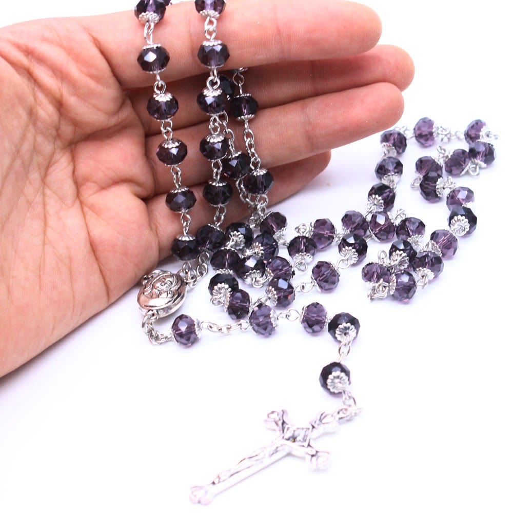 christiandiscipleshop Madonna and Child & Crucifix of 6*8 mm Polyhedron Multicolor Glass Alloy Chain Rosary