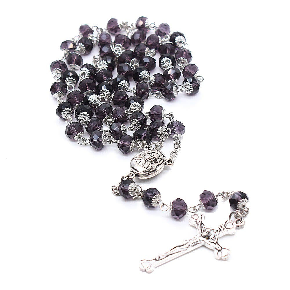 christiandiscipleshop Madonna and Child & Crucifix of 6*8 mm Polyhedron Multicolor Glass Alloy Chain Rosary
