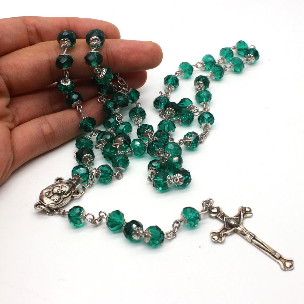 christiandiscipleshop Madonna and Child & Crucifix of 6*8 mm Polyhedron Multicolor Glass Alloy Chain Rosary