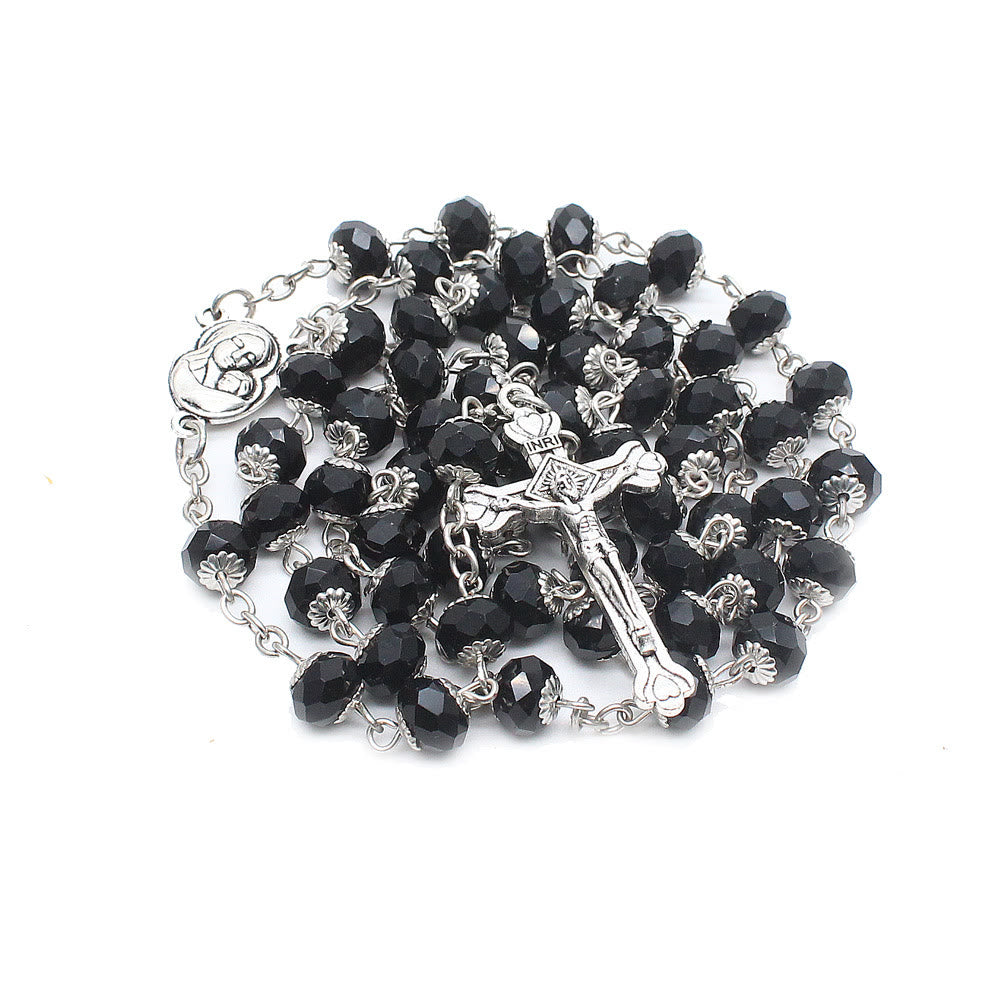 christiandiscipleshop Madonna and Child & Crucifix of 6*8 mm Polyhedron Multicolor Glass Alloy Chain Rosary