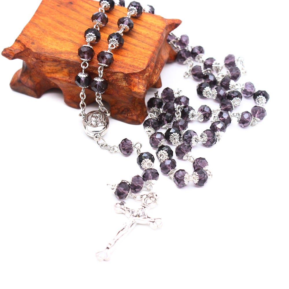 christiandiscipleshop Madonna and Child & Crucifix of 6*8 mm Polyhedron Multicolor Glass Alloy Chain Rosary