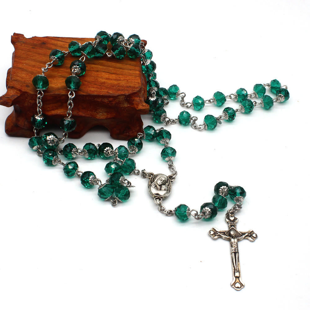 christiandiscipleshop Madonna and Child & Crucifix of 6*8 mm Polyhedron Multicolor Glass Alloy Chain Rosary