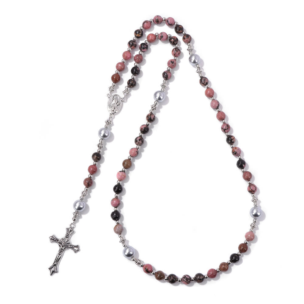 Christiandiscipleshop Natural Stone & Pearl Miraculous Medal Prayer Rosary