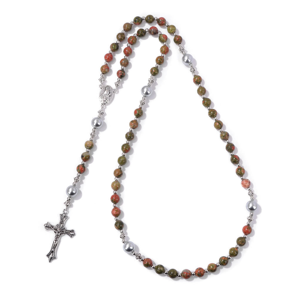 Christiandiscipleshop Natural Stone & Pearl Miraculous Medal Prayer Rosary