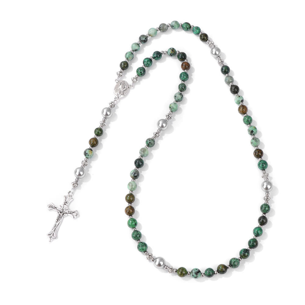 Christiandiscipleshop Natural Stone & Pearl Miraculous Medal Prayer Rosary