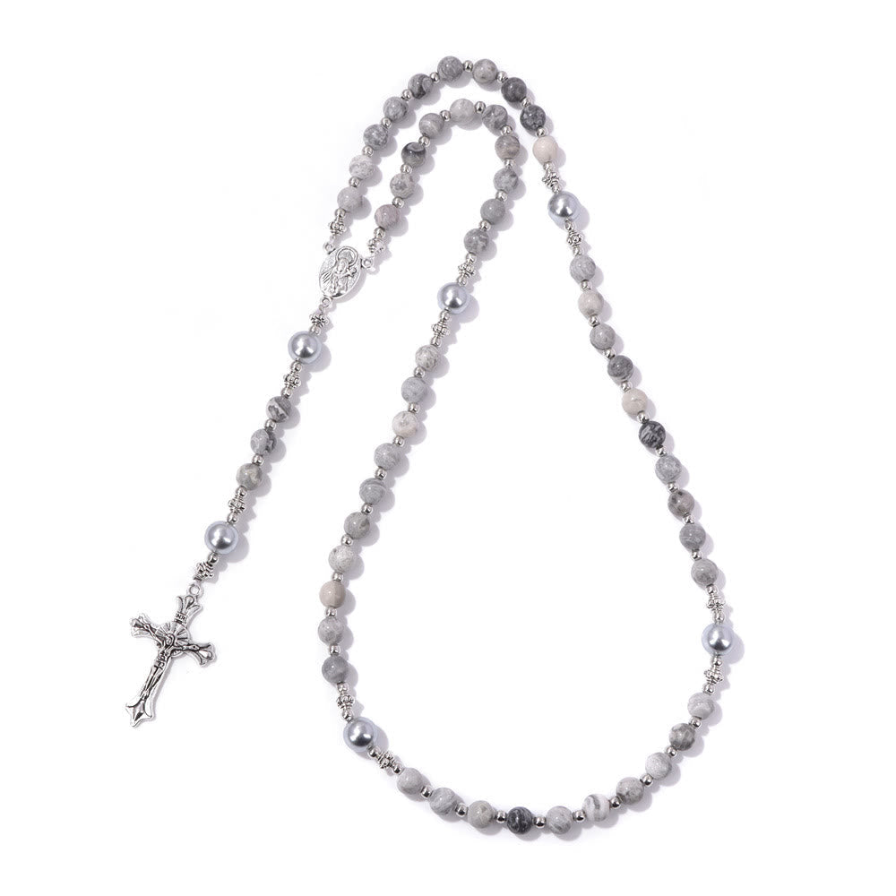 Christiandiscipleshop Natural Stone & Pearl Miraculous Medal Prayer Rosary