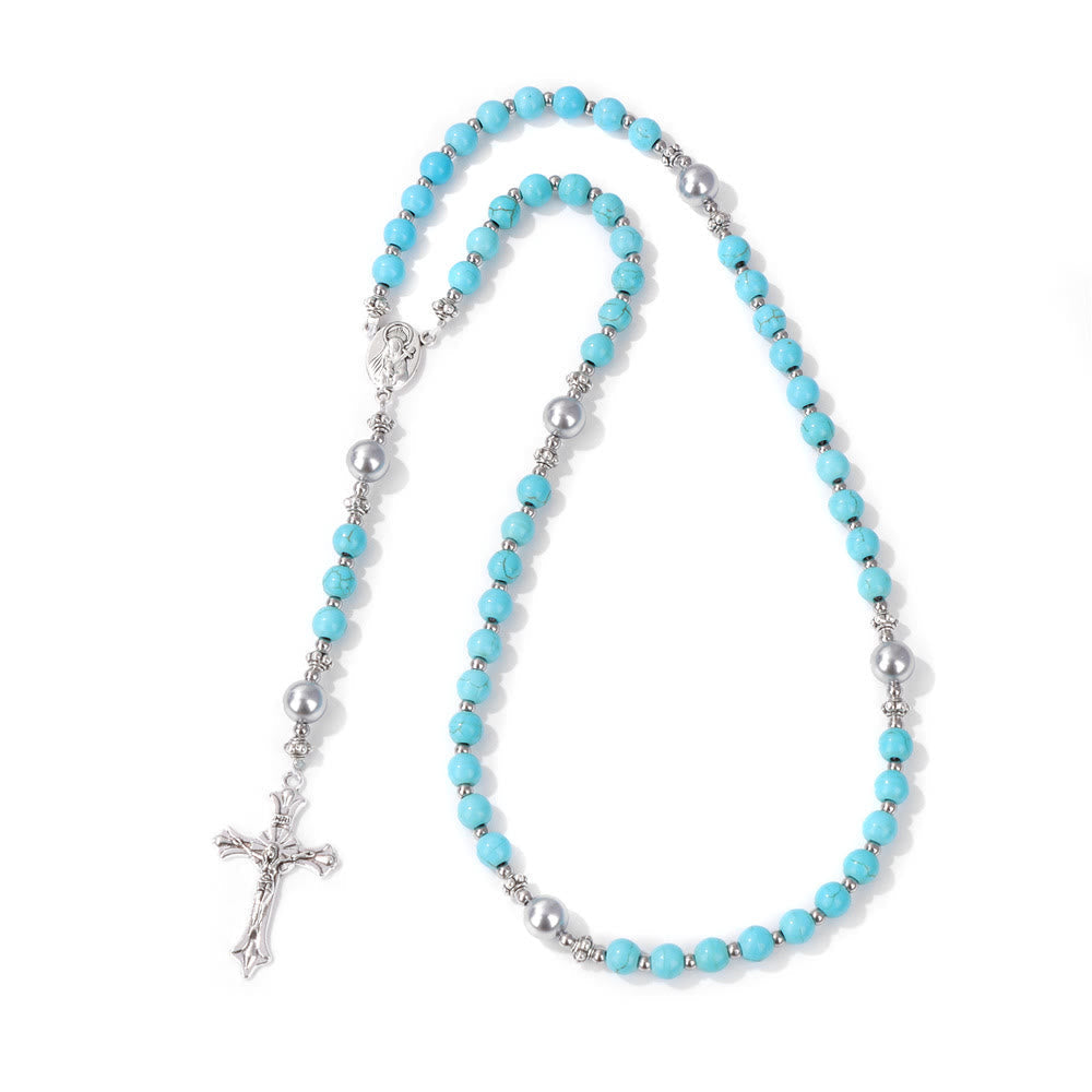 Christiandiscipleshop Natural Stone & Pearl Miraculous Medal Prayer Rosary