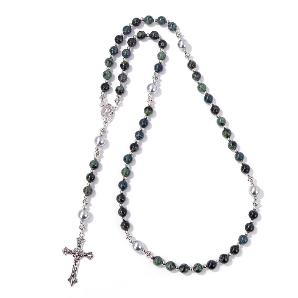 Christiandiscipleshop Natural Stone & Pearl Miraculous Medal Prayer Rosary