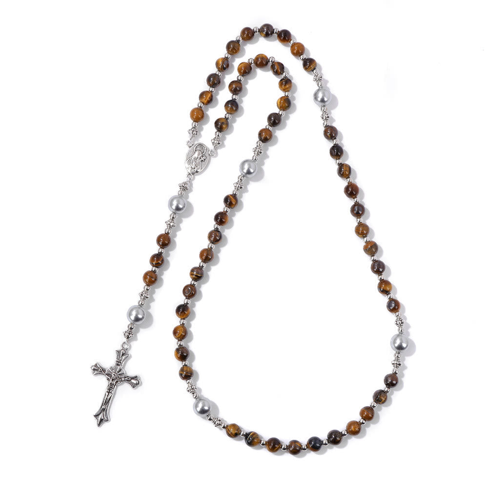 Christiandiscipleshop Natural Stone & Pearl Miraculous Medal Prayer Rosary