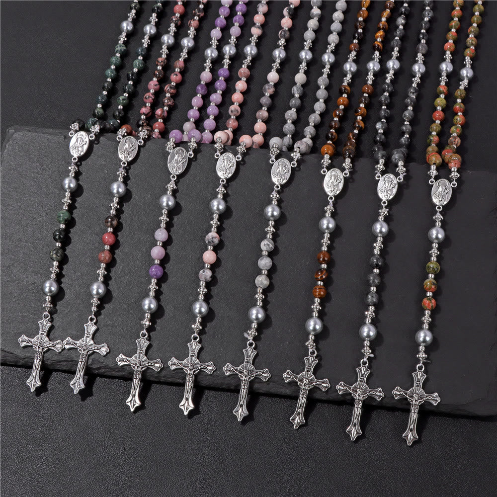 Christiandiscipleshop Natural Stone & Pearl Miraculous Medal Prayer Rosary