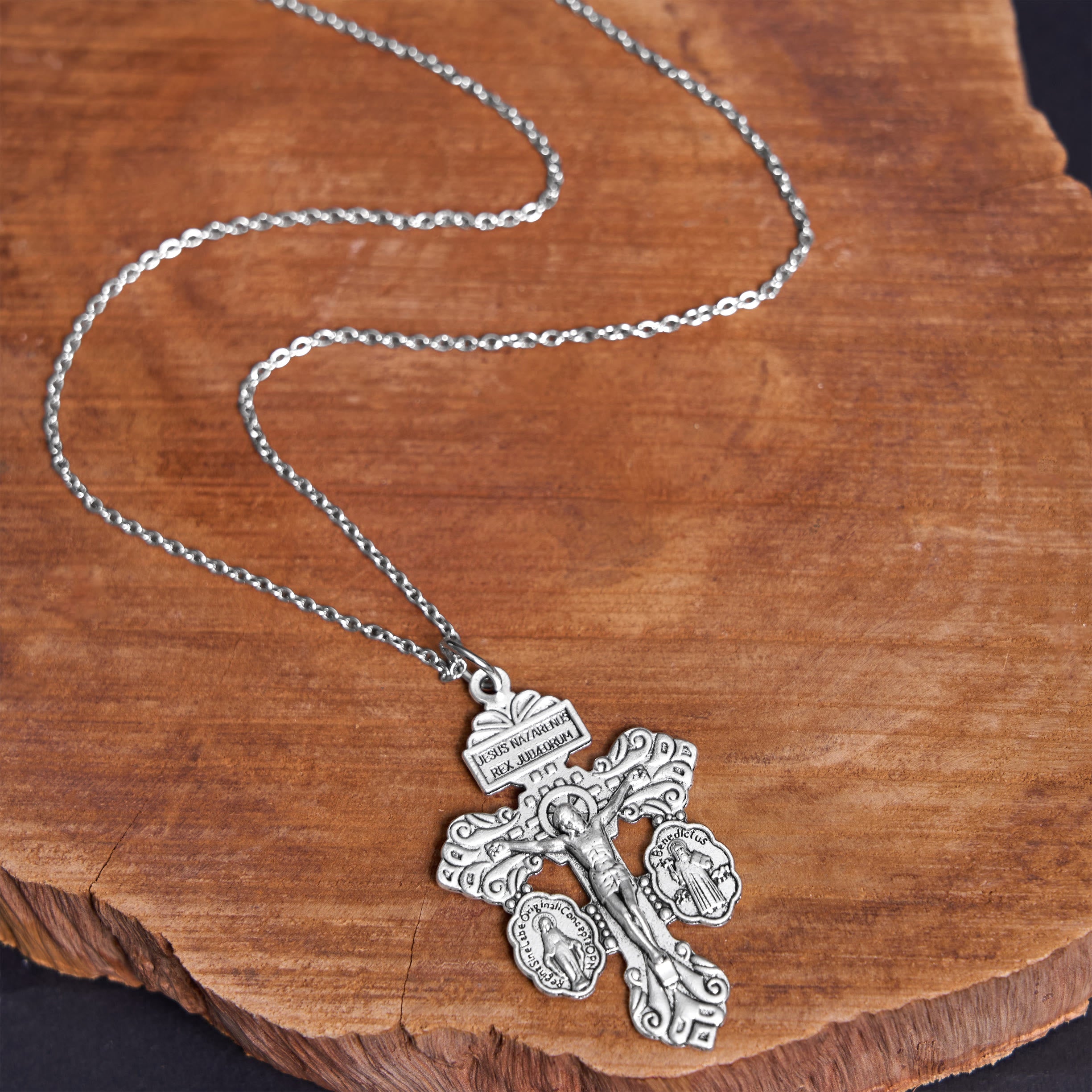 Christianartworkshop Classic Style 3 Colors Pardon Crucifix Double Sided Engraved Pendant Necklace