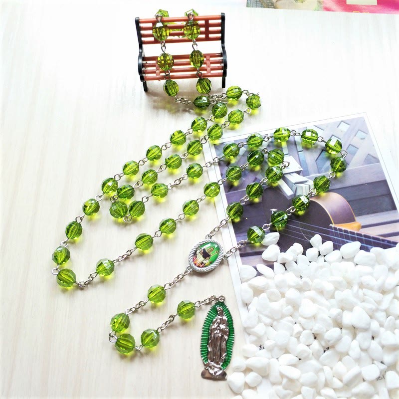 Christiandiscipleshop Saint Jude Thaddeus & Our Lady of Guadalupe of 8 mm Polyhedron Green Crystal Alloy Chain Rosary