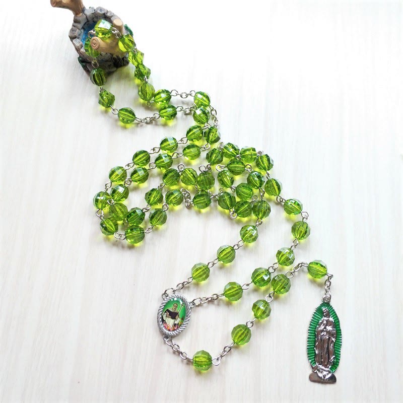 Christiandiscipleshop Saint Jude Thaddeus & Our Lady of Guadalupe of 8 mm Polyhedron Green Crystal Alloy Chain Rosary