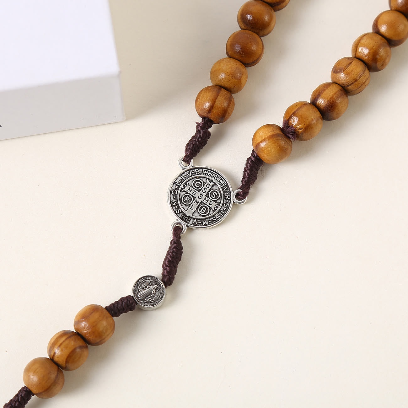 Christiandiscipleshop St. Benedict Medal & Pardon Crucifix of 10 mm Round Brown Wood Nylon Cord Rosary