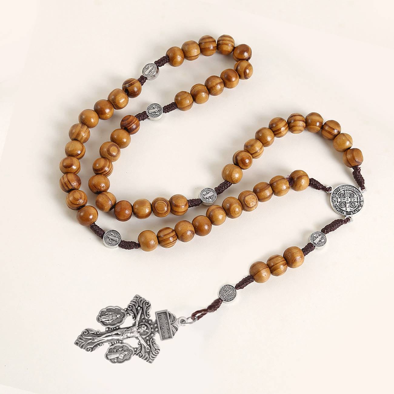Christiandiscipleshop St. Benedict Medal & Pardon Crucifix of 10 mm Round Brown Wood Nylon Cord Rosary