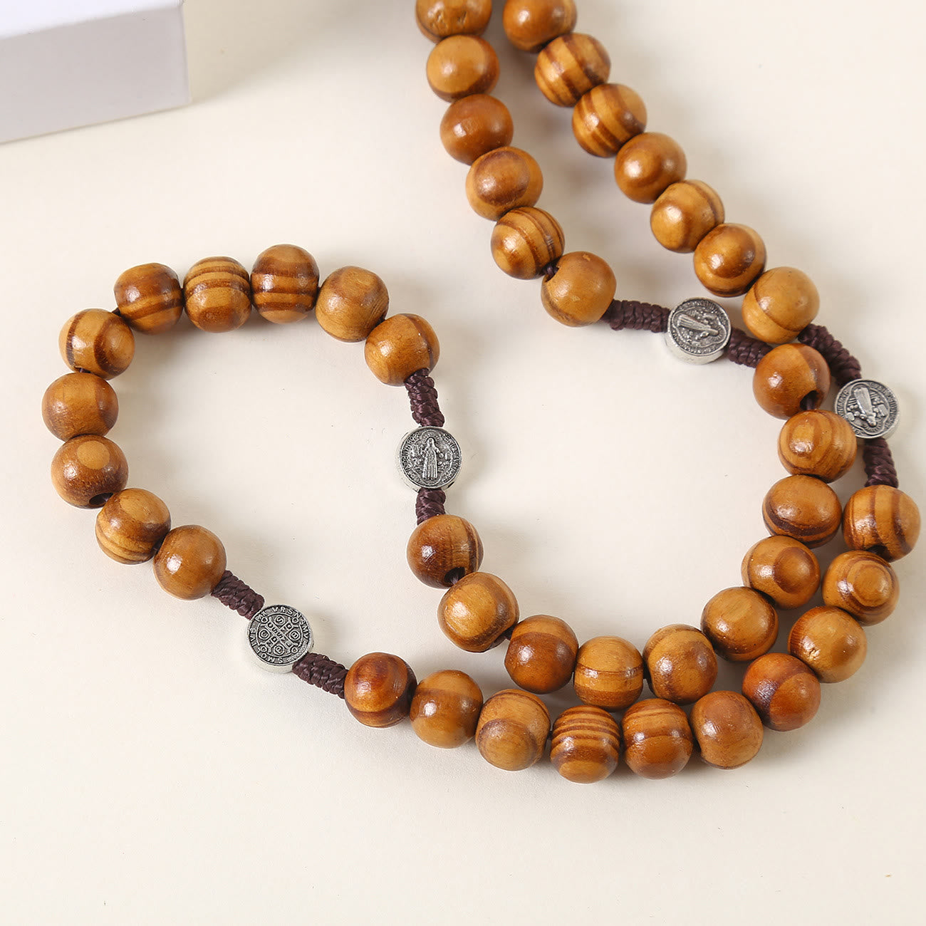 Christiandiscipleshop St. Benedict Medal & Pardon Crucifix of 10 mm Round Brown Wood Nylon Cord Rosary