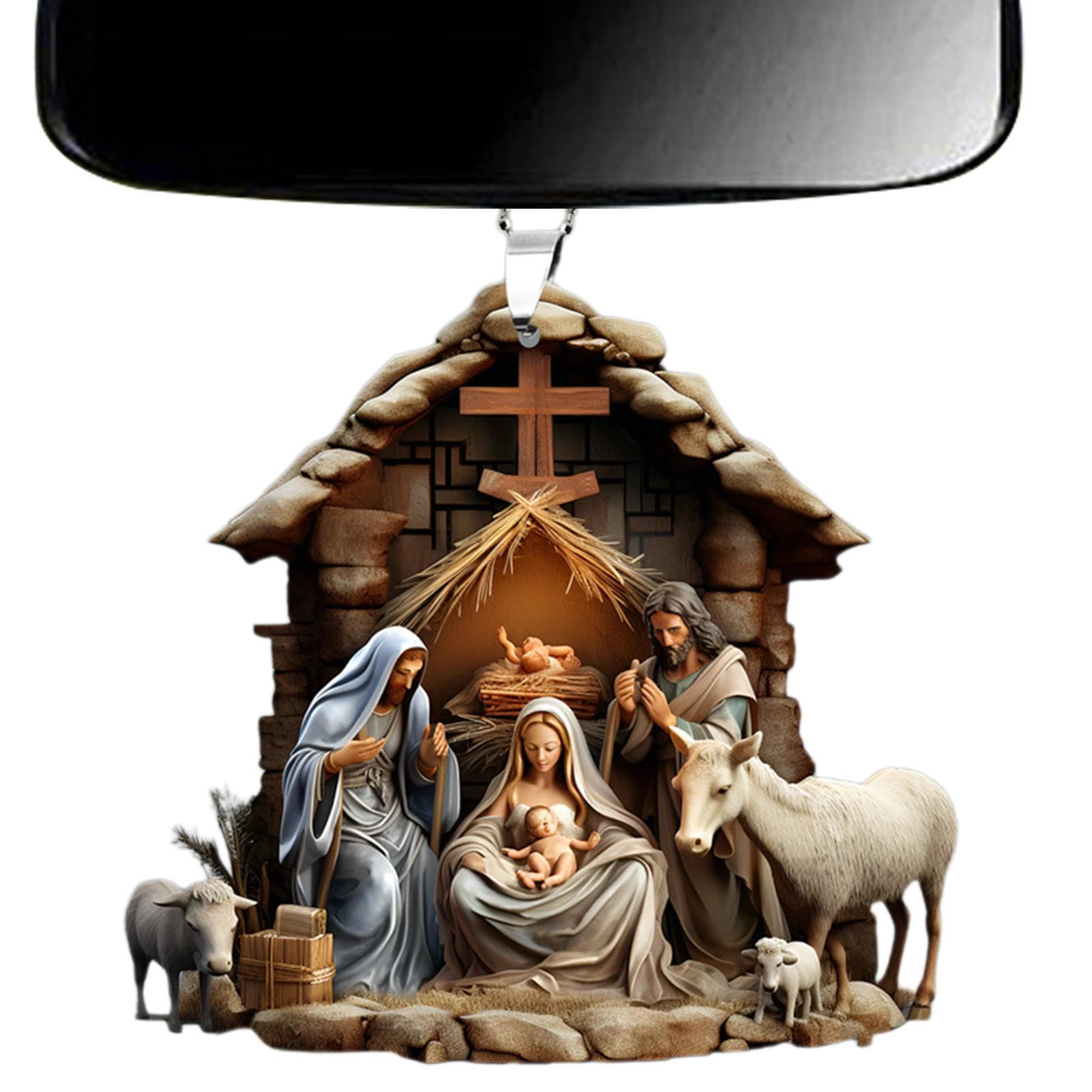 Christianartworkshop Klassische Weihnachtskrippe im farbigen Stil, gesegnete Weihnachtskrippe, hängende Ornamente