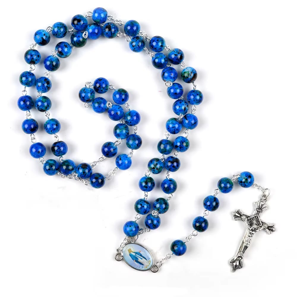 Christianartworkshop Assumption of Our Lady & Pardon Crucifix of 6 mm Round Blue Natural Stone Alloy Chain Rosary