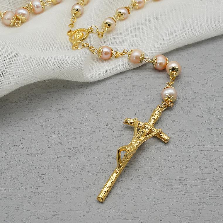 christiandiscipleshop Virgin Mary & Crucifix of 7*8 mm Round Champagne Pearl Alloy Chain Rosary