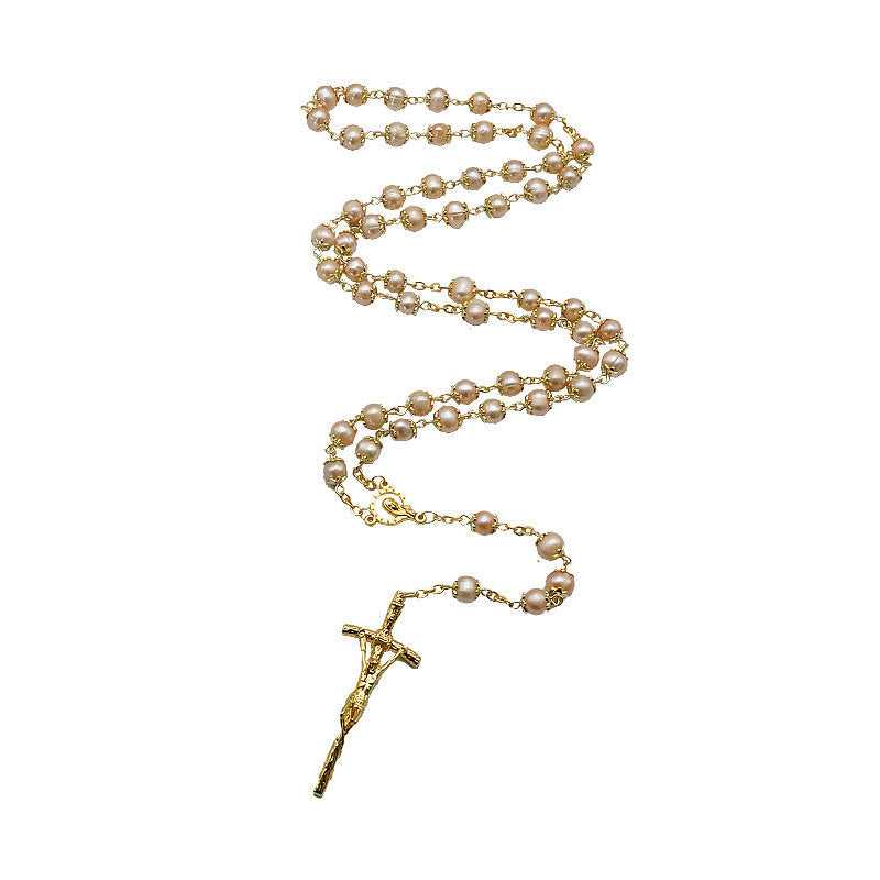 christiandiscipleshop Virgin Mary & Crucifix of 7*8 mm Round Champagne Pearl Alloy Chain Rosary