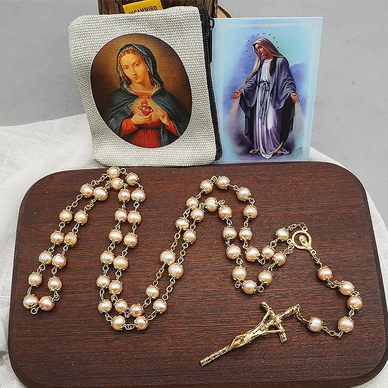 christiandiscipleshop Virgin Mary & Crucifix of 7*8 mm Round Champagne Pearl Alloy Chain Rosary