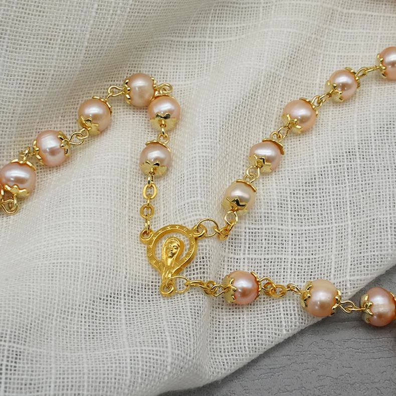 christiandiscipleshop Virgin Mary & Crucifix of 7*8 mm Round Champagne Pearl Alloy Chain Rosary