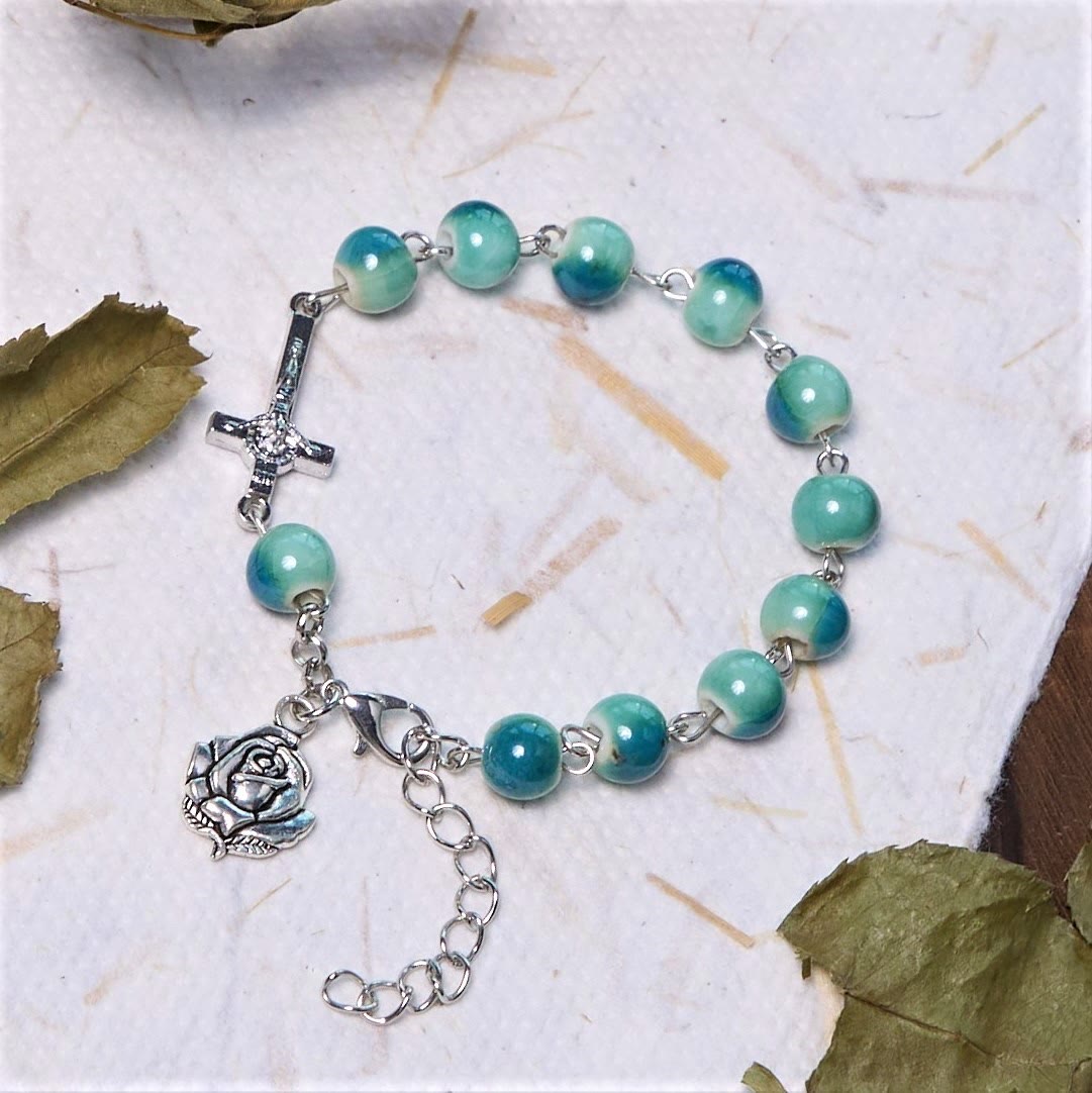 christiandiscipleshop Joyful Blossom Green Tone Ceramics Beads Rose & Crucifix Bracelet