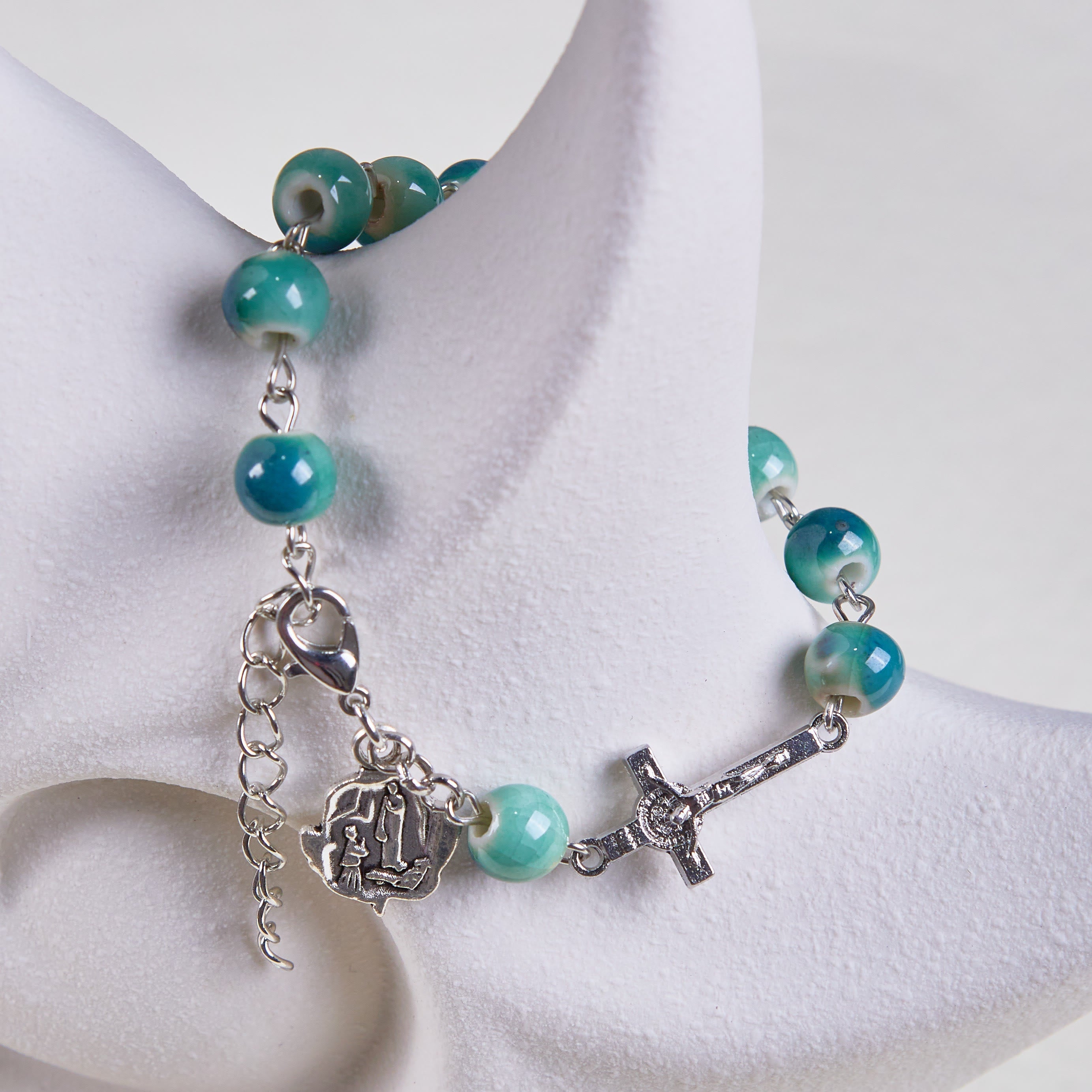 christiandiscipleshop Joyful Blossom Green Tone Ceramics Beads Rose & Crucifix Bracelet