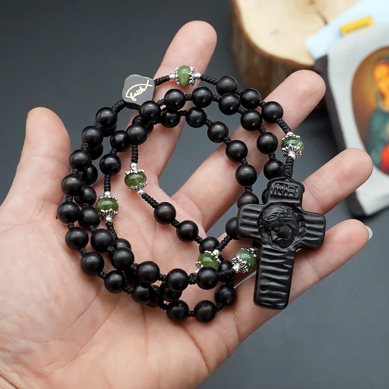 christiandiscipleshop Jesus Cross of 8 mm Round Brown/Black Sandalwood Nylon Cord Rosary