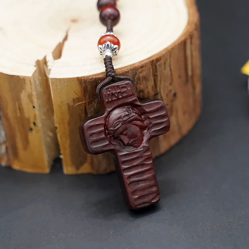 christiandiscipleshop Jesus Cross of 8 mm Round Brown/Black Sandalwood Nylon Cord Rosary