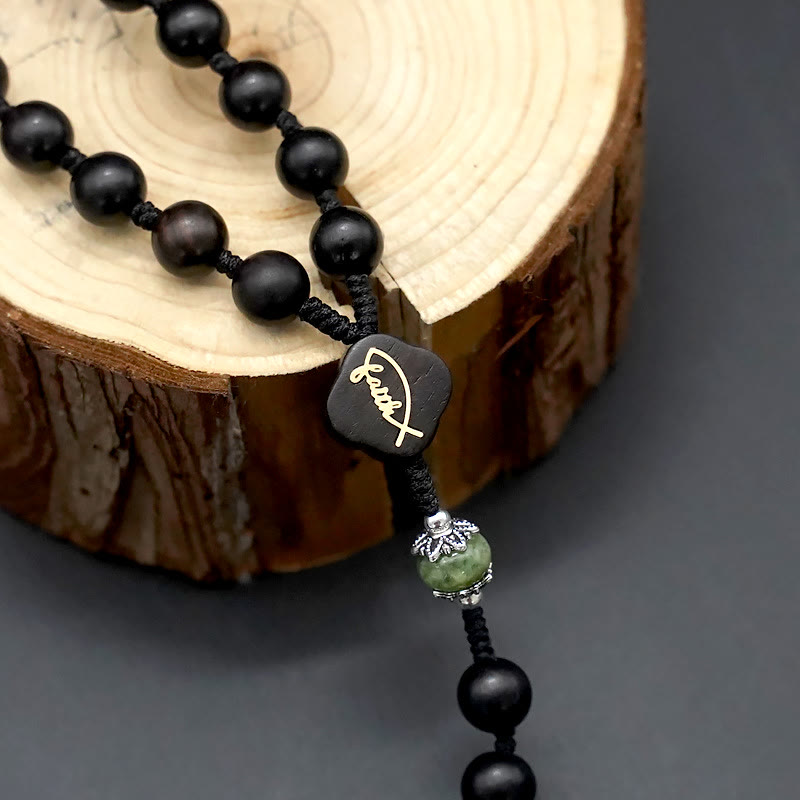 christiandiscipleshop Jesus Cross of 8 mm Round Brown/Black Sandalwood Nylon Cord Rosary