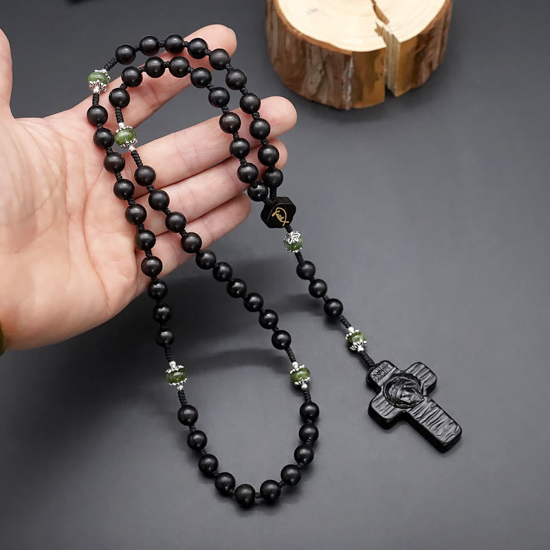 christiandiscipleshop Jesus Cross of 8 mm Round Brown/Black Sandalwood Nylon Cord Rosary