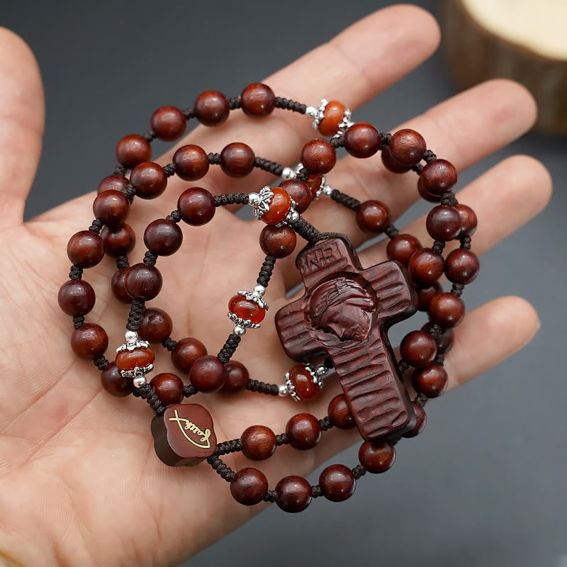 christiandiscipleshop Jesus Cross of 8 mm Round Brown/Black Sandalwood Nylon Cord Rosary
