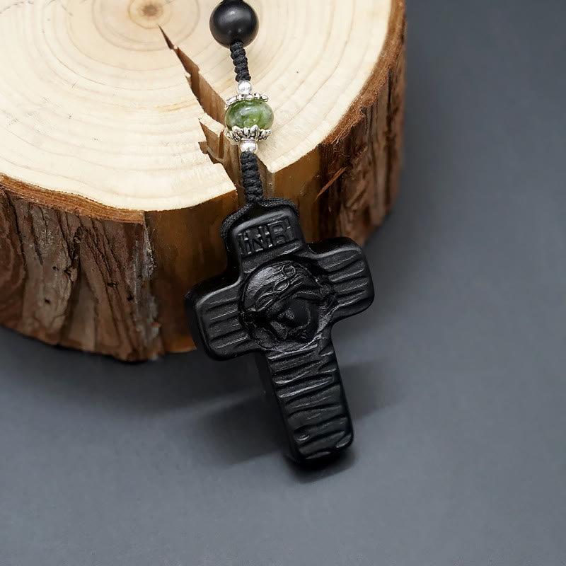 christiandiscipleshop Jesus Cross of 8 mm Round Brown/Black Sandalwood Nylon Cord Rosary