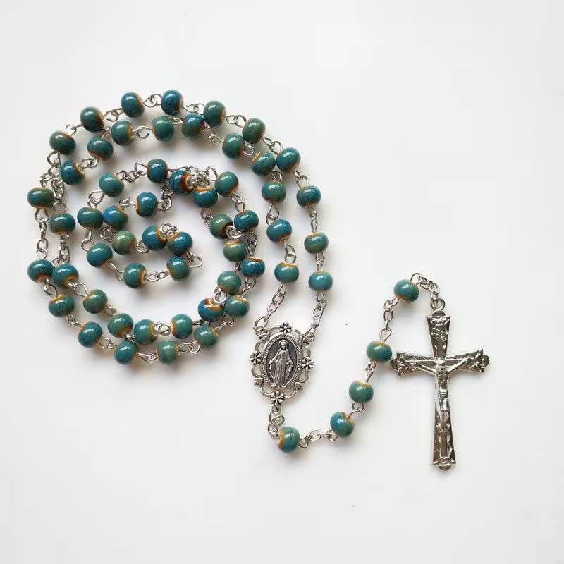 christiandiscipleshop Miraculous Medal & Crucifix of 6 mm Round Blue Ceramic Alloy Chain Rosary