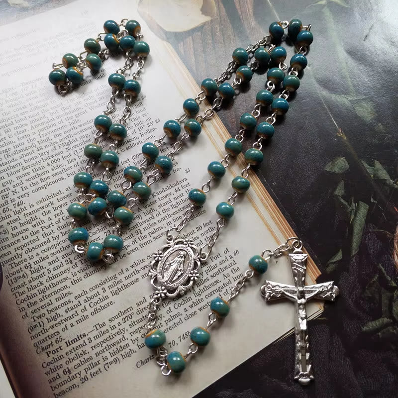 christiandiscipleshop Miraculous Medal & Crucifix of 6 mm Round Blue Ceramic Alloy Chain Rosary