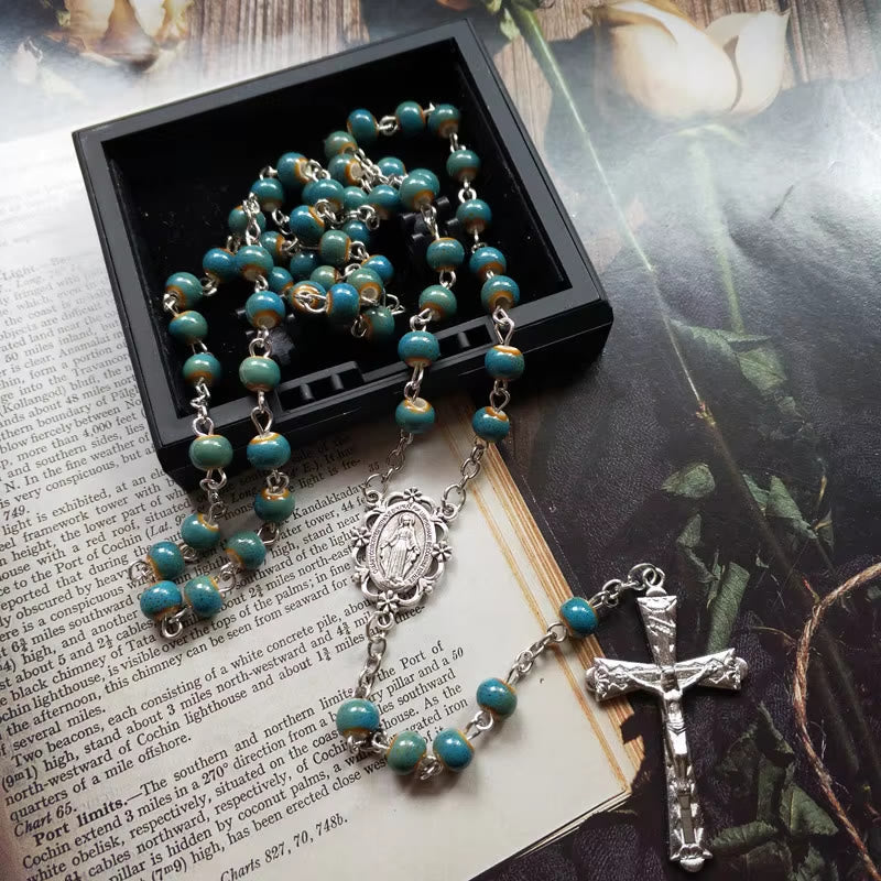 christiandiscipleshop Miraculous Medal & Crucifix of 6 mm Round Blue Ceramic Alloy Chain Rosary