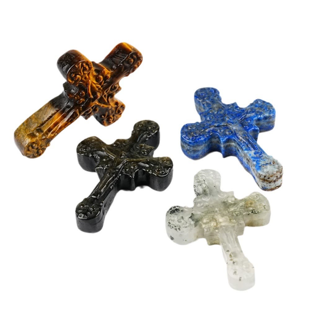 Christiandiscipleshop Natural Stone Tiger Eye Labradorite Obsidian Lapis Lazuli Scrollwork Crucifix Adornments