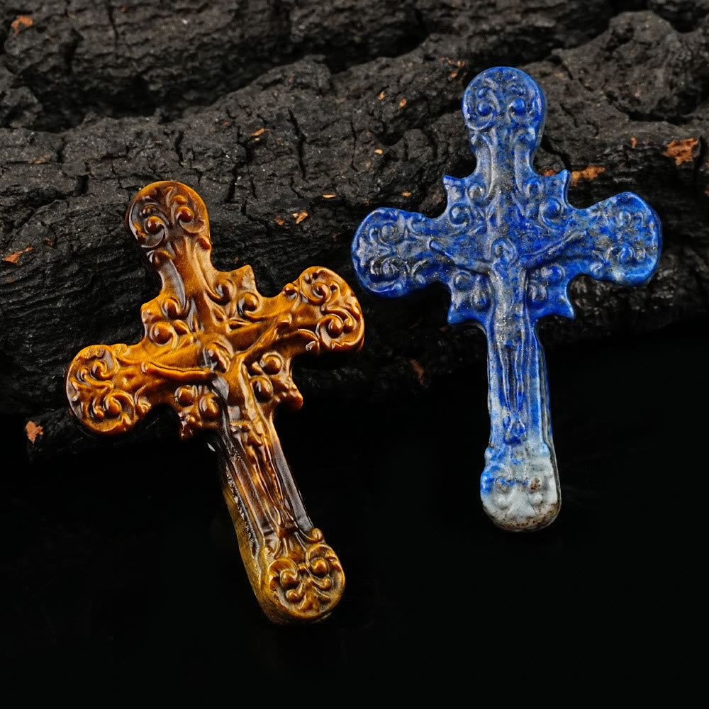 Christiandiscipleshop Natural Stone Tiger Eye Labradorite Obsidian Lapis Lazuli Scrollwork Crucifix Adornments