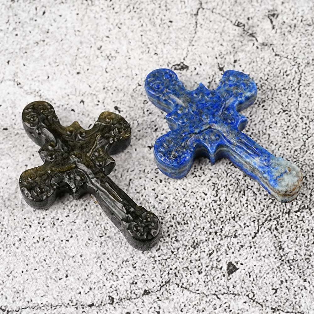 Christiandiscipleshop Natural Stone Tiger Eye Labradorite Obsidian Lapis Lazuli Scrollwork Crucifix Adornments
